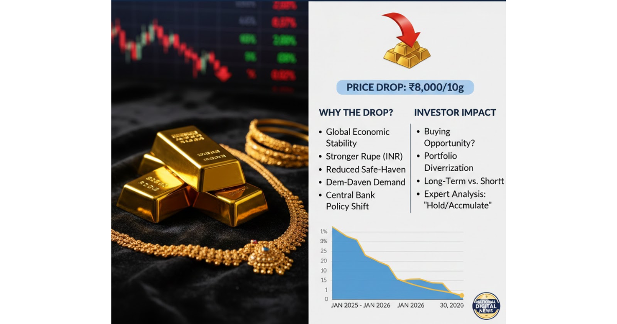 A close-up view of gold bars and jewellery displayed on a trading screen showing a sharp price drop, symbolising the fall in 24K gold prices in India.