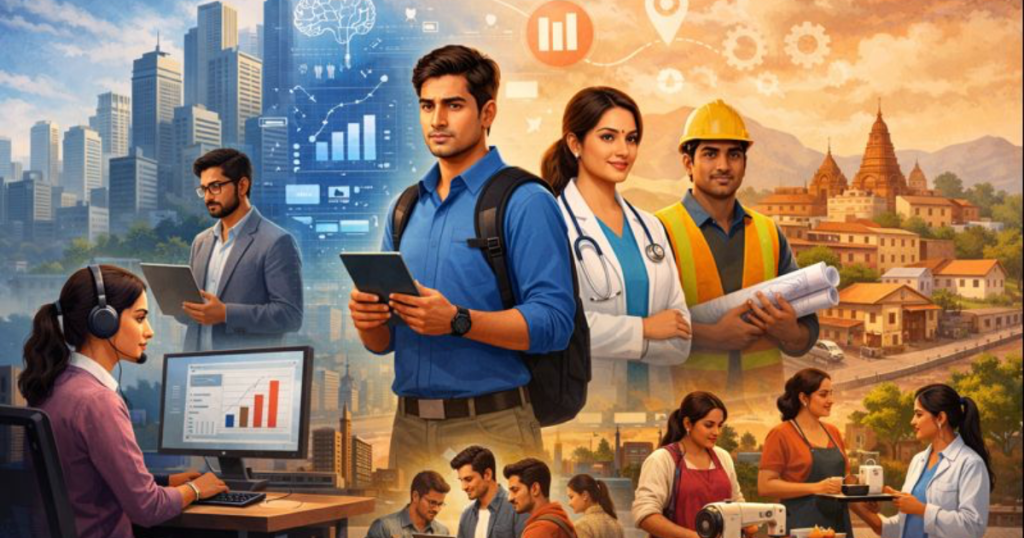 Illustration showing diverse Indian professionals working in offices, tech hubs, and small cities, highlighting employment trends, job growth in emerging sectors, and workforce diversification in India.