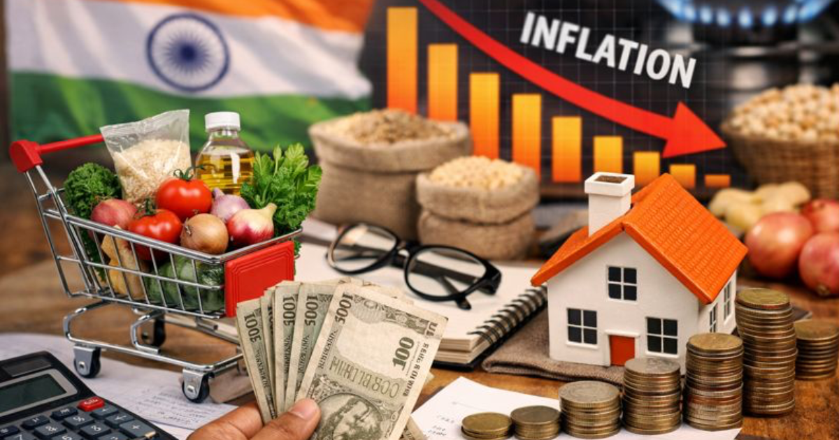 "A news-style illustration showing India's inflation impact on households, featuring a shopping cart filled with groceries, stacks of Indian currency, coins, a small model house, and an inflation chart with a downward arrow, symbolizing lower prices, with the Indian flag in the background."