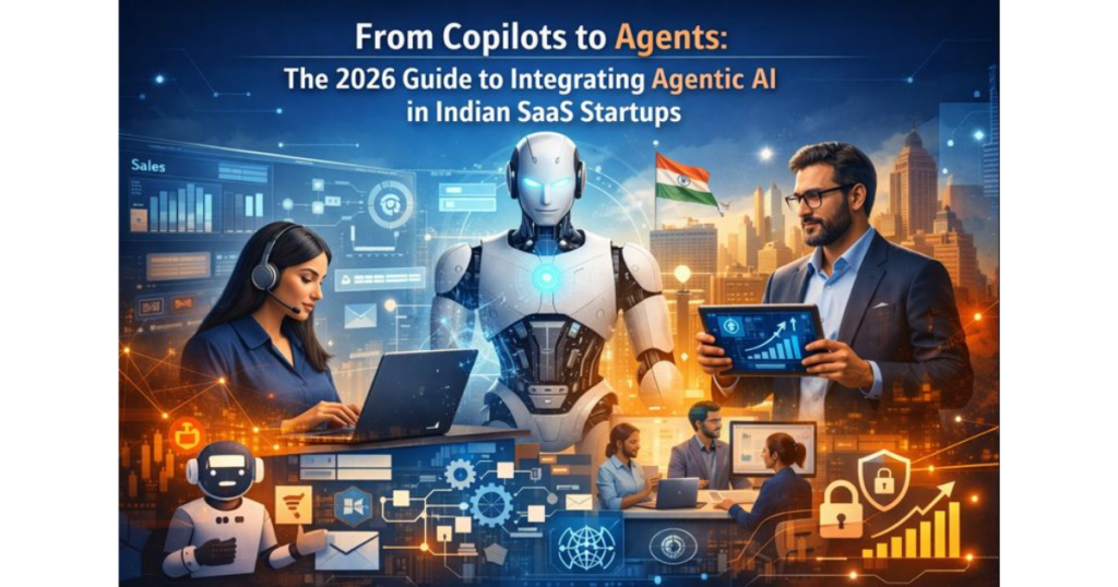 Infographic explaining the shift from AI copilots to autonomous agentic AI in Indian SaaS startups, highlighting key drivers, use cases, and challenges in 2026.