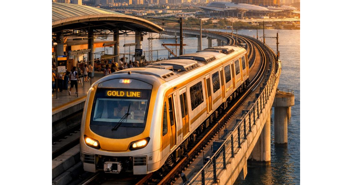 Gold Line Metro train approaching an elevated station in Mumbai during sunset, with Chhatrapati Shivaji Maharaj International Airport in the background, an airplane taking off, and Navi Mumbai International Airport under construction.