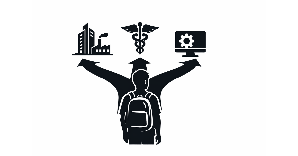Top Career Paths After 12th Grade in 2026 concept illustration showing a student silhouette at a crossroads choosing between business, medical, and technology career sectors.