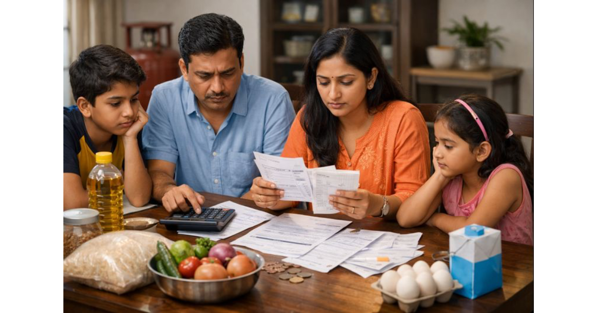 An Indian family reviewing household expenses at a dining table, with grocery items, utility bills, and a calculator laid out, reflecting the impact of rising inflation on daily budgets.