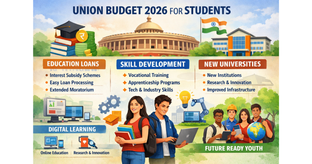 Union Budget 2026 highlights key student-focused policies including education loan reforms, skill development programs, and the establishment of new universities across India.