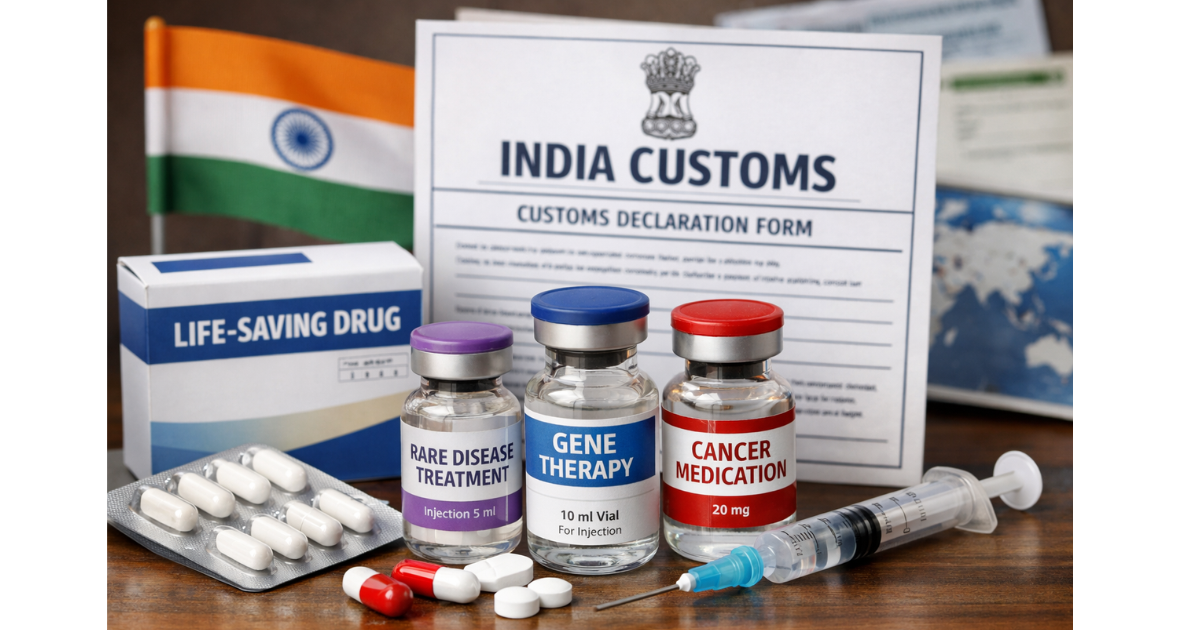 "Medicines and vials representing life-saving drugs and rare disease treatments with an Indian customs document in the background."