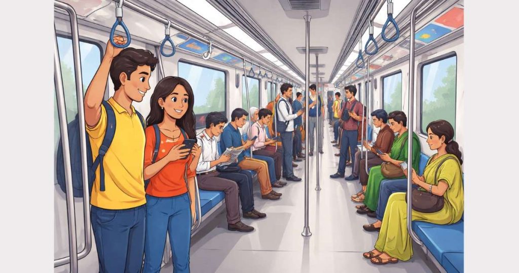 Simple illustration of passengers travelling inside a clean and modern Delhi Metro coach.