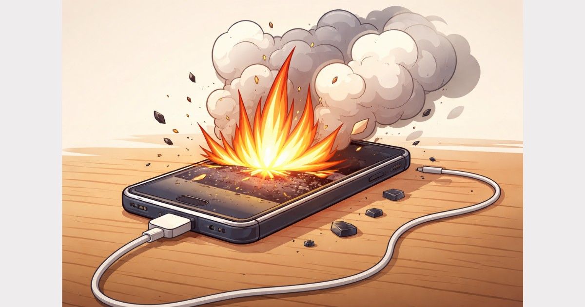 Simple illustration of a smartphone with phone battery fire showing lithium battery safety risk