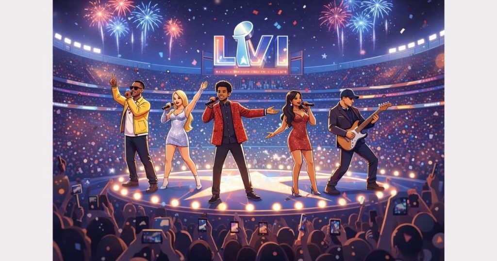 Minimal illustration of a packed stadium during a Super Bowl halftime show with bright lights and cheering crowd.