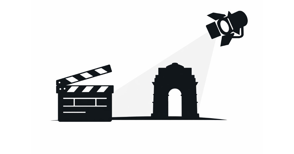 Delhi International Film Festival 2026 editorial illustration showing film clapperboard and India Gate silhouette under spotlight on white background.