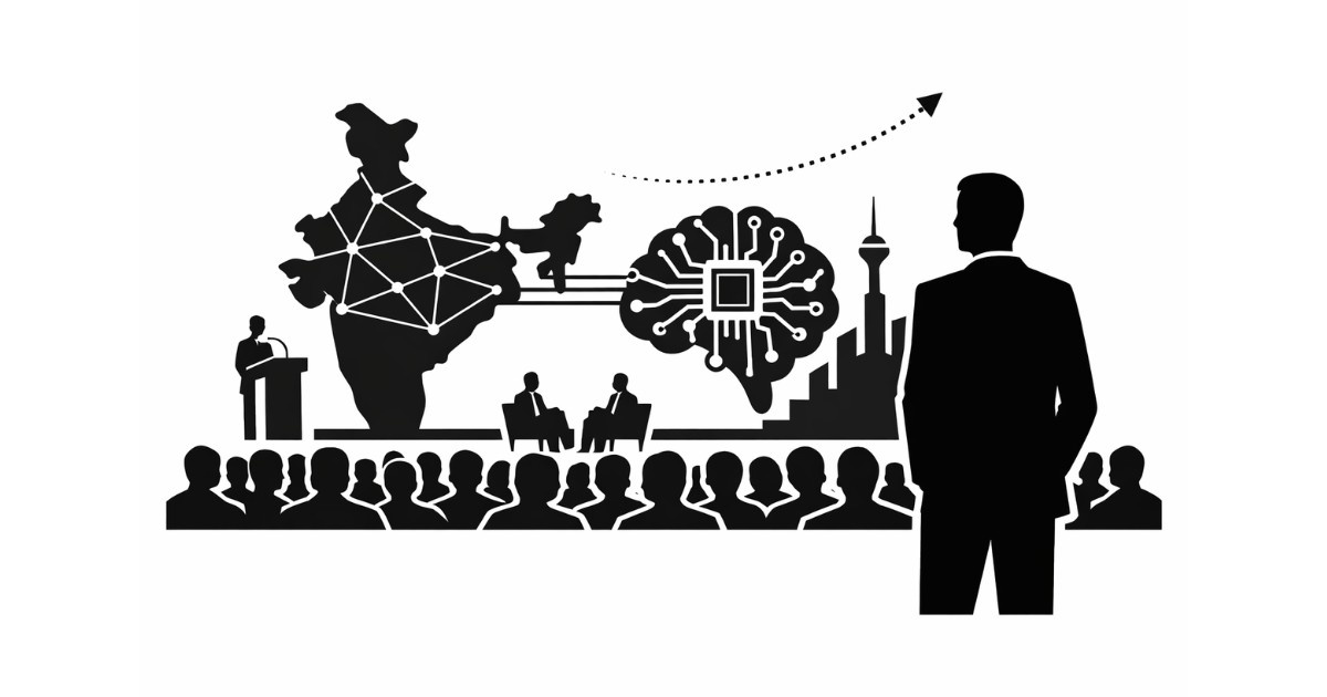 India AI Impact Summit 2026 editorial illustration showing AI brain linked to India map and conference audience