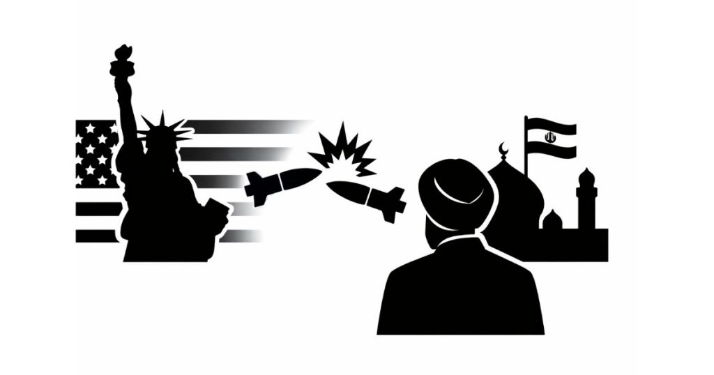 Iran-US Tensions Escalate — minimalist editorial illustration showing opposing missiles between U.S. and Iran symbols with an observing Indian figure.