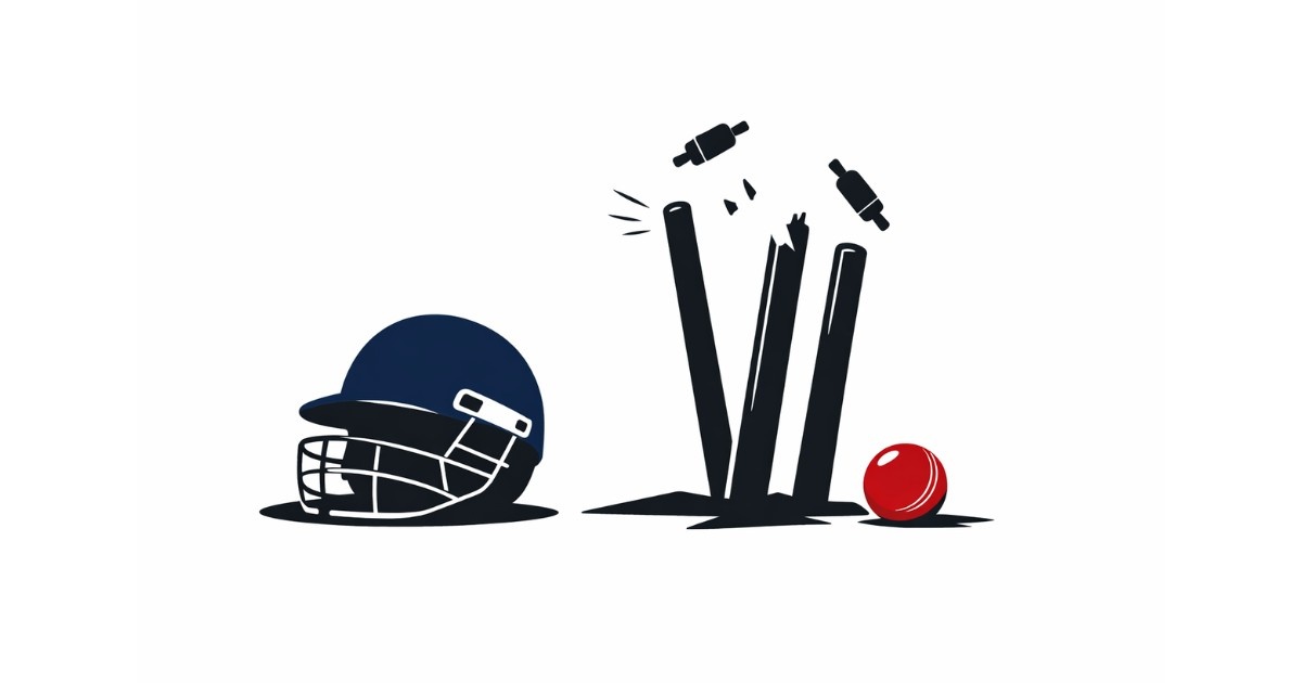 India T20 World Cup Setback depicted with broken cricket stumps, helmet, and ball in a minimal editorial style.