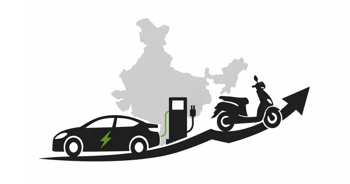 Indian Auto Sector Outlook 2026 minimalist editorial illustration showing electric car and scooter with upward growth arrow