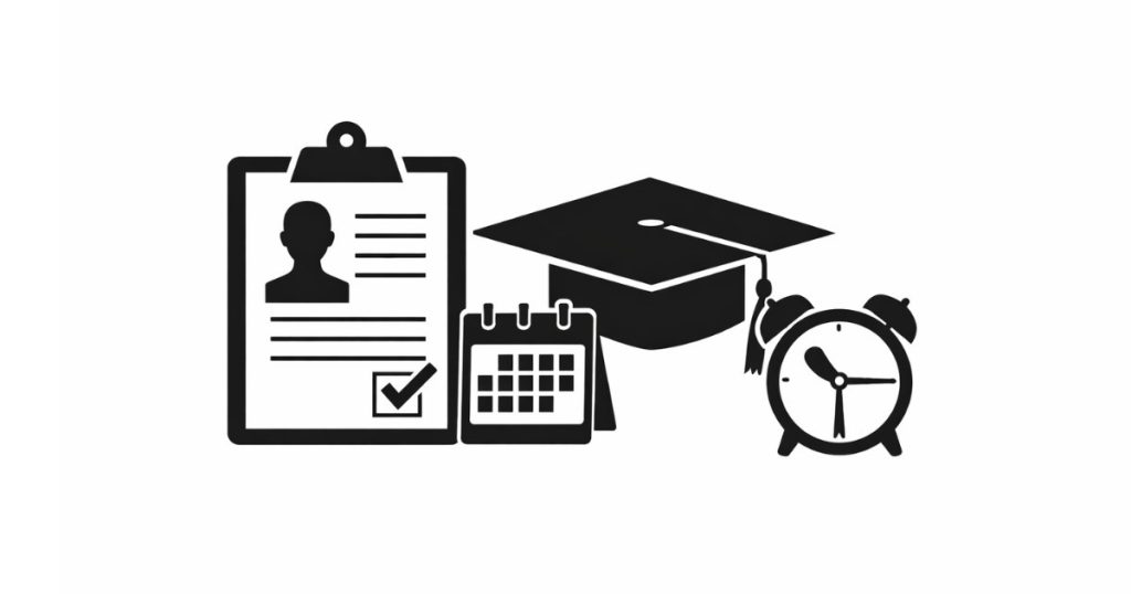 JMI Admissions minimal editorial illustration showing graduation cap, application form, and calendar on white background