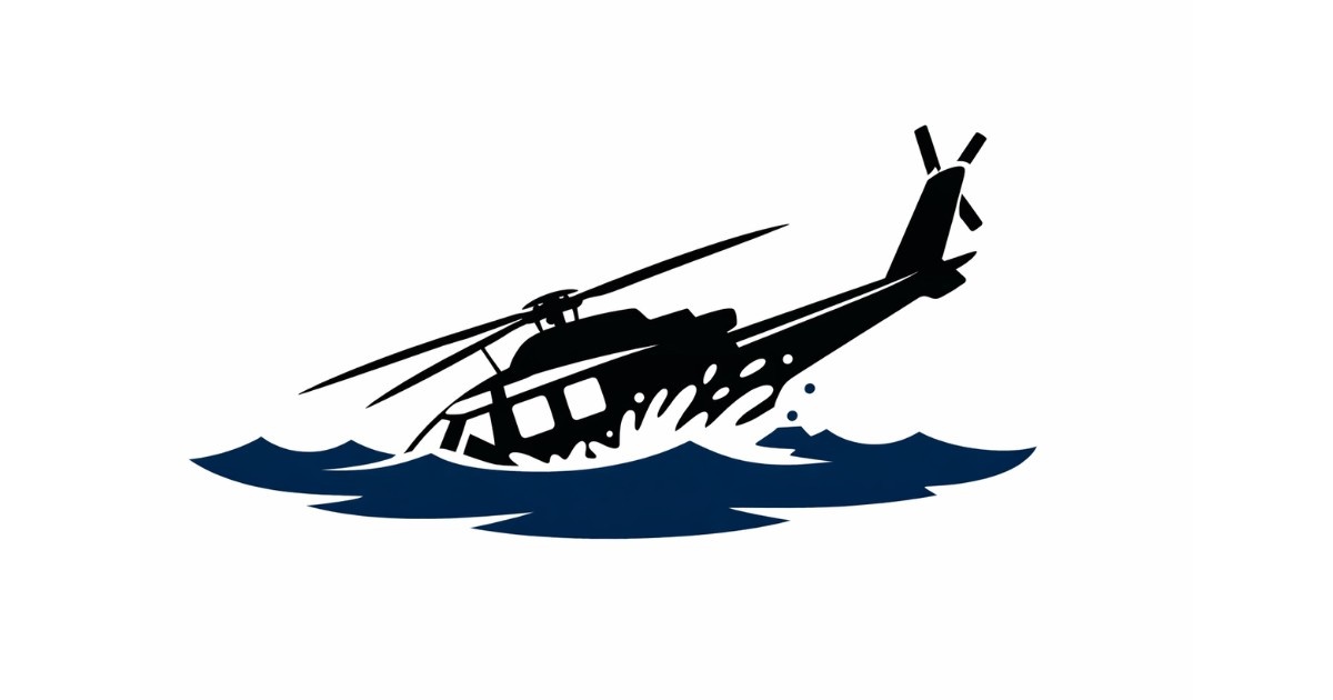 Pawan Hans Helicopter Incident minimal illustration showing a helicopter partially submerged in the sea, symbolizing the Andaman crash with all onboard safe.
