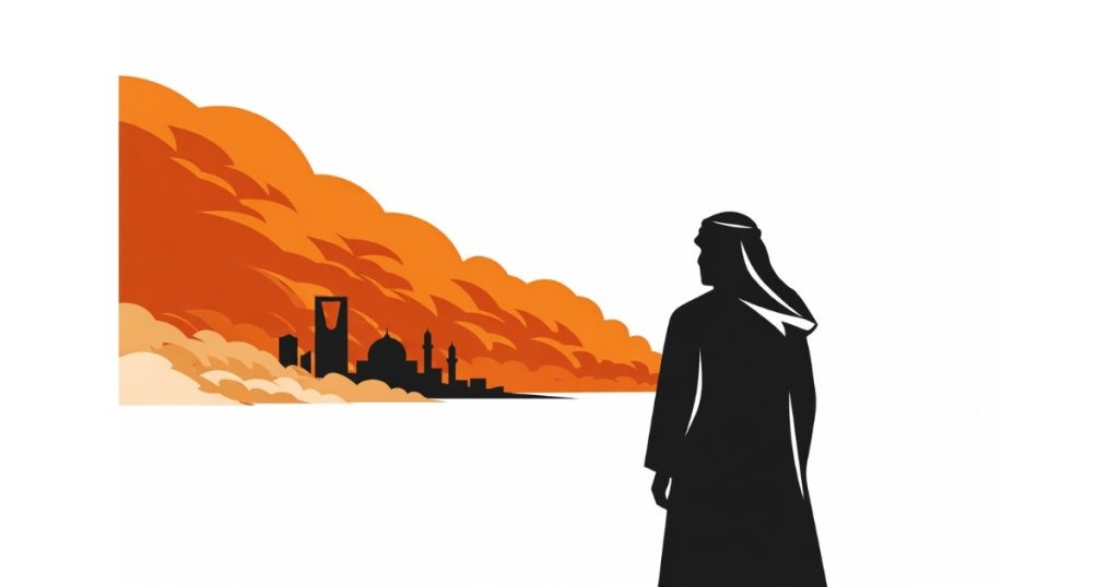 Saudi Arabia Faces Red Alerts as massive sandstorm engulfs city skyline in stark editorial illustration.