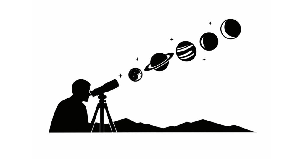 Rare Planetary Parade illustration showing an observer using a telescope to view six aligned planets in a minimal vector style.