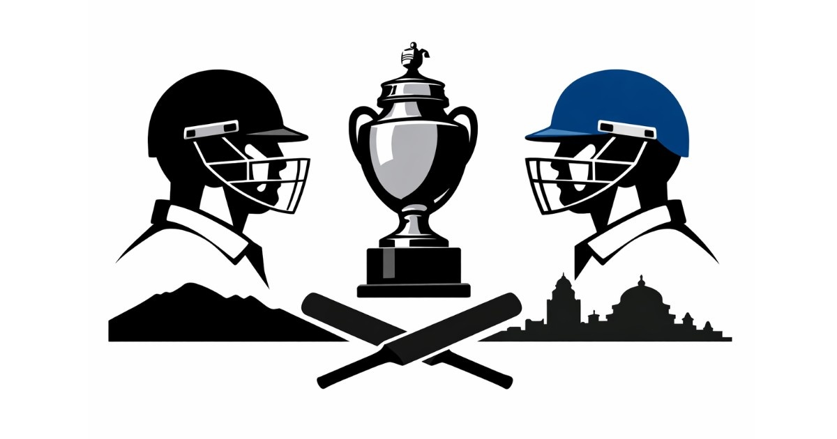 Ranji Trophy Final Preview minimalist illustration showing two opposing cricket players facing a central trophy in a serious news style.