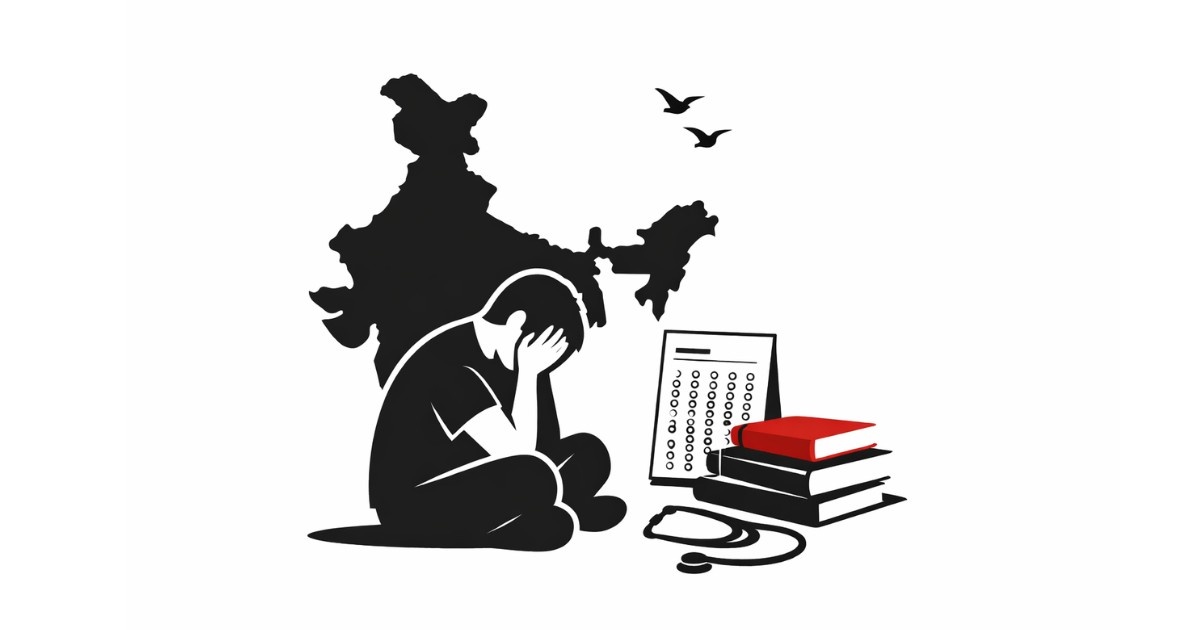 NEET Stress Triggers Tragedy — minimal high-contrast illustration of a distressed student sitting on a cracked exam sheet, symbolizing academic pressure and mental health crisis in India.