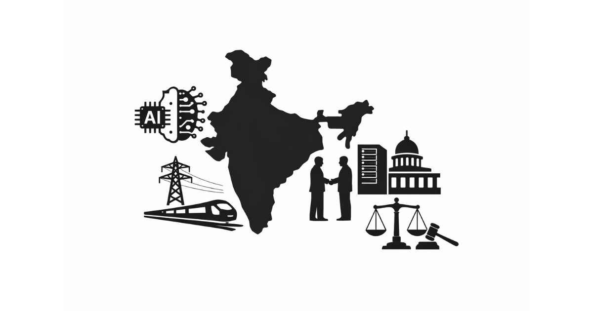 AI Ecosystem Surge illustrated through India’s silhouette connected to AI chip, infrastructure, partnerships, and policy symbols