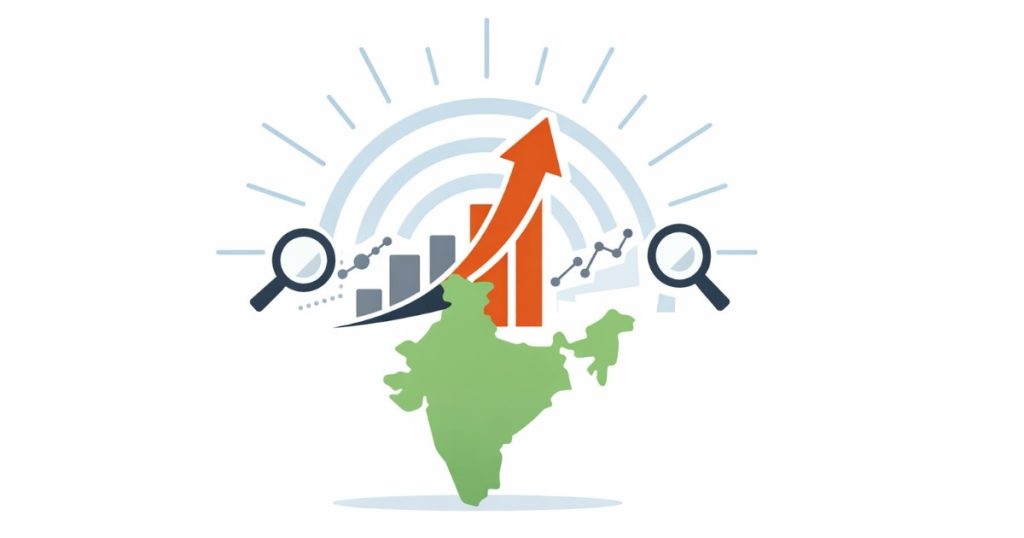 Minimal editorial illustration of India map with rising trend arrow and search symbols representing Ayushman dominating online searches across India.