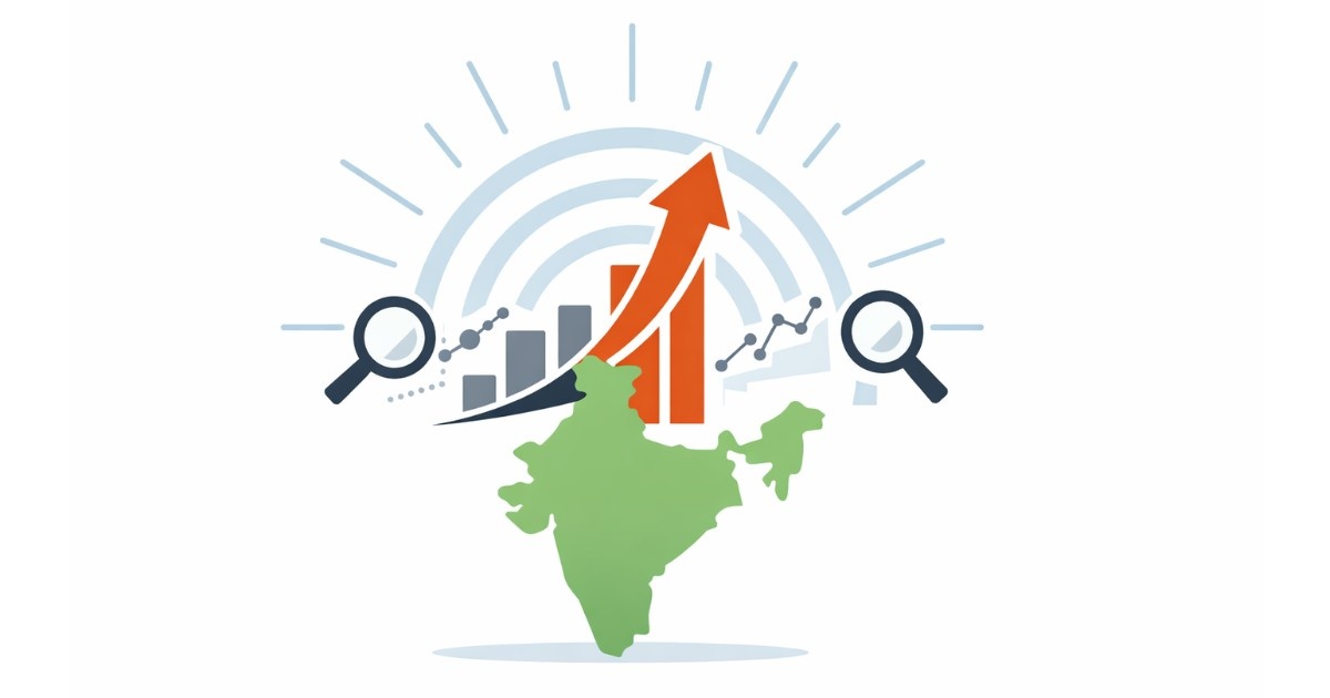 Minimal editorial illustration of India map with rising trend arrow and search symbols representing Ayushman dominating online searches across India.