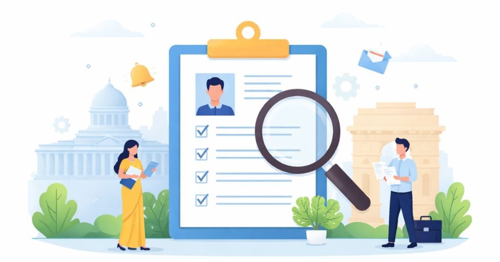 Government Job Alert illustration showing official recruitment process and job application review in India