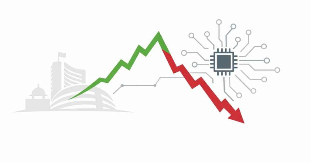 Minimal editorial illustration showing a rising green and falling red stock line with an AI chip symbol, representing volatility in Indian IT stocks amid artificial intelligence disruption concerns.