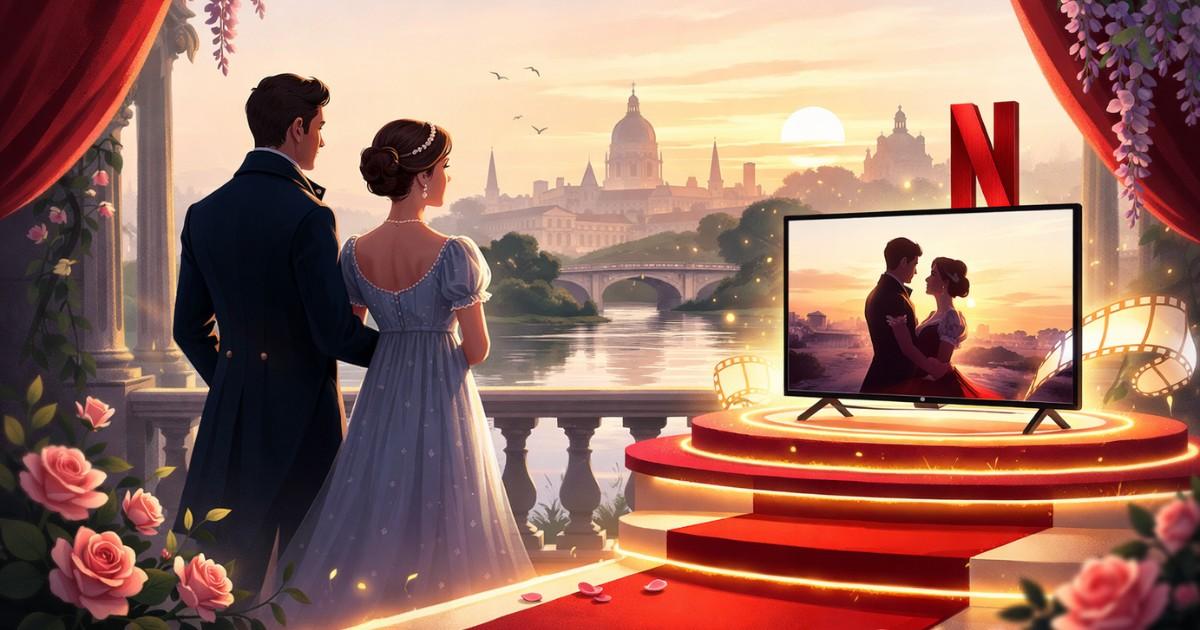 Minimal editorial illustration of a Regency-era couple overlooking a pastel cityscape with a streaming screen symbolizing Bridgerton Season 4 Part 2 premiere in India.