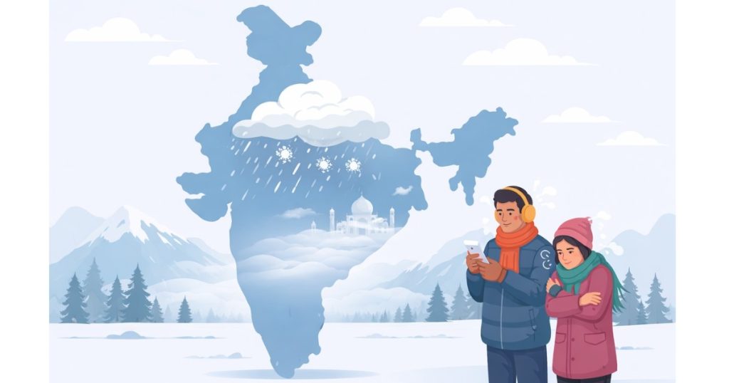 Weather Forecast Today, 6 February 2026 showing rain, snowfall and cold wave conditions across India in a simple illustration