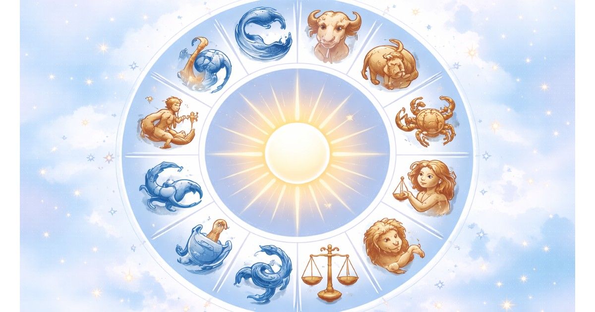 Horoscope Today, 6 February 2026 illustration showing zodiac wheel and planetary symbols in a simple design