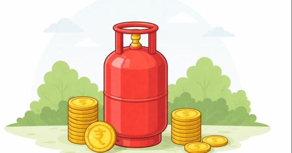 LPG Cylinder Price Today illustrated with a plain red gas cylinder and minimal background design