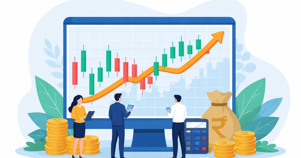 Stock Market Today illustration showing Sensex and Nifty movement through a simple stock chart and market indicators