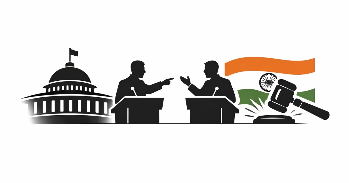 Parliament Today editorial illustration showing a symbolic debate inside India’s Parliament during Budget Session tension