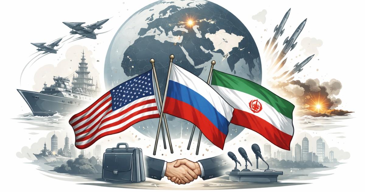 Global Geopolitics illustration showing symbolic world tension with major powers and diplomatic engagement