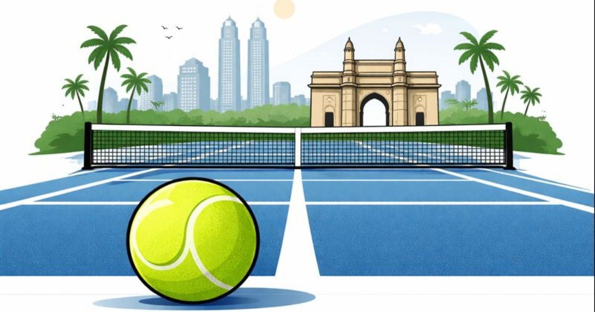 2026 Mumbai Open Tennis tournament illustration showing a hard court with net and Mumbai skyline in a minimal editorial style