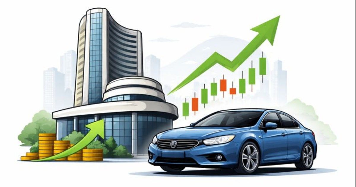 Minimal editorial illustration symbolizing NSE IPO Plans & Auto Sector Outlook, featuring a rising stock exchange building silhouette and a car outline on a white background.