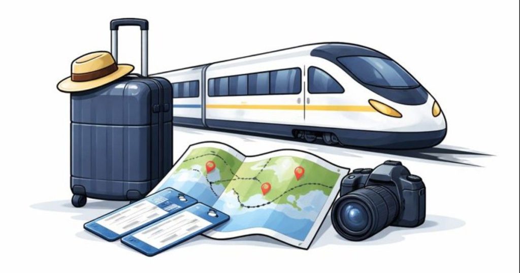 Indian Railways tourist trains 2026 minimal editorial illustration featuring a modern train and travel route map