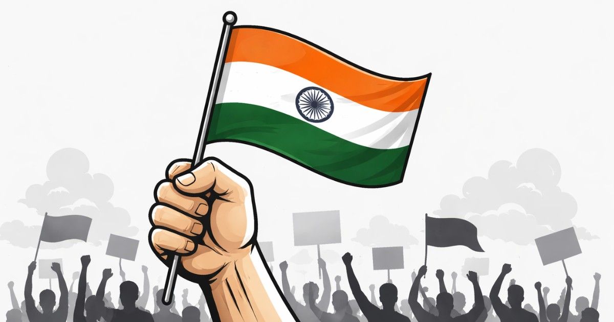 Minimal editorial-style illustration of a raised hand holding the Indian flag, symbolizing protests and nationwide strike for Bharat Bandh 2026.