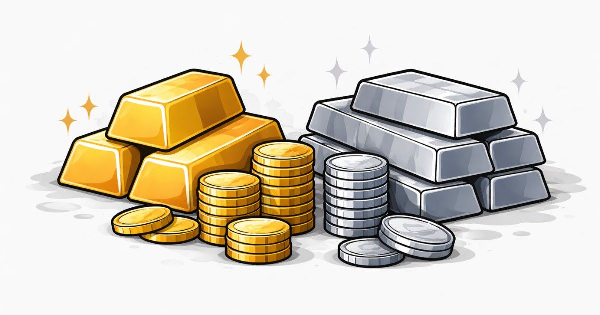 Gold and silver price today – editorial illustration of bullion.