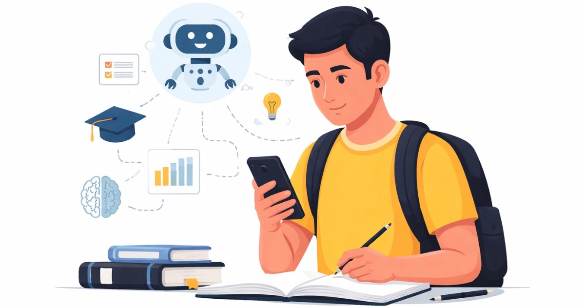 AI Study Apps India – minimal editorial illustration of a student using a smartphone for smart learning.