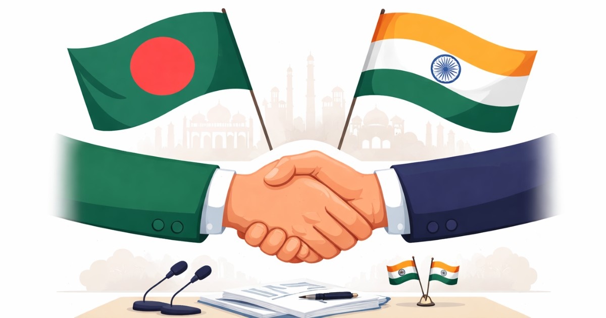 Bangladesh Election 2026 Results illustration showing symbolic handshake between India and Bangladesh flags