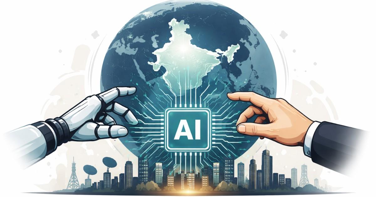 India AI Impact Summit 2026 editorial illustration showing AI innovation and global tech collaboration