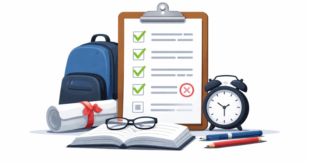 CBSE board exam 2026 news illustration showing checklist clipboard and exam essentials in minimal flat vector style