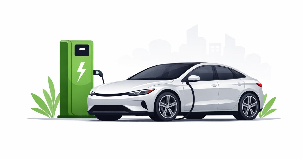 Electric cars India 2026 editorial illustration showing a minimal flat vector electric car with charging cable on white background