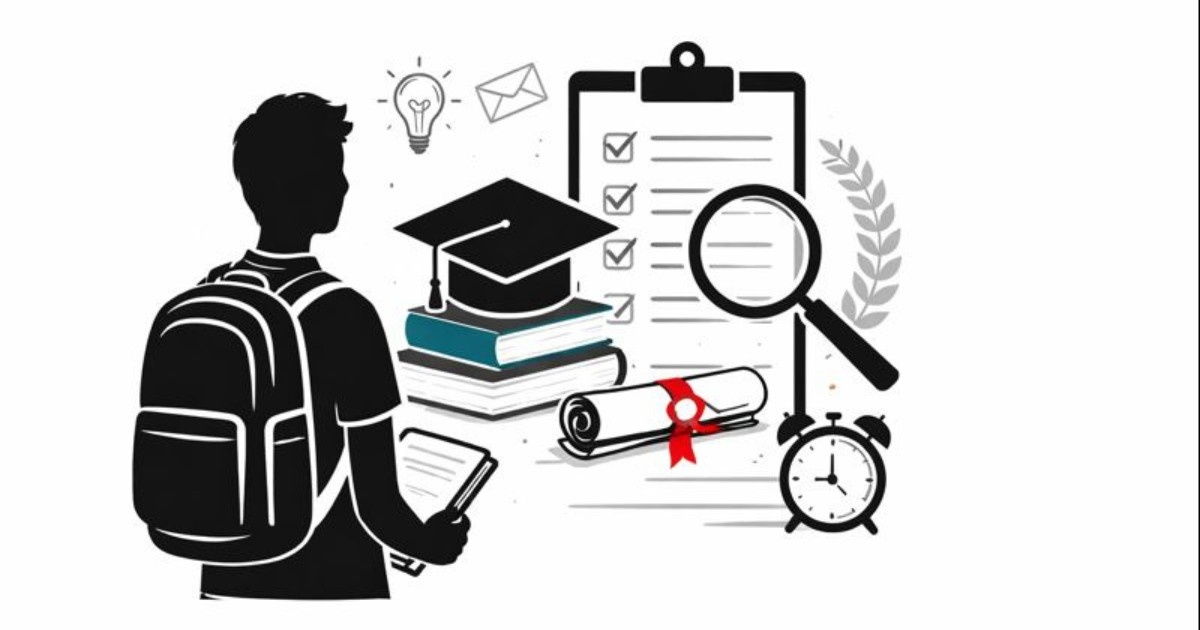 Scholarships and Entrance Notifications editorial illustration with graduation cap and documents.