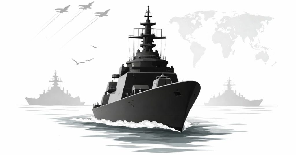 International Fleet Review 2026 minimalist editorial illustration showing a single naval warship silhouette.