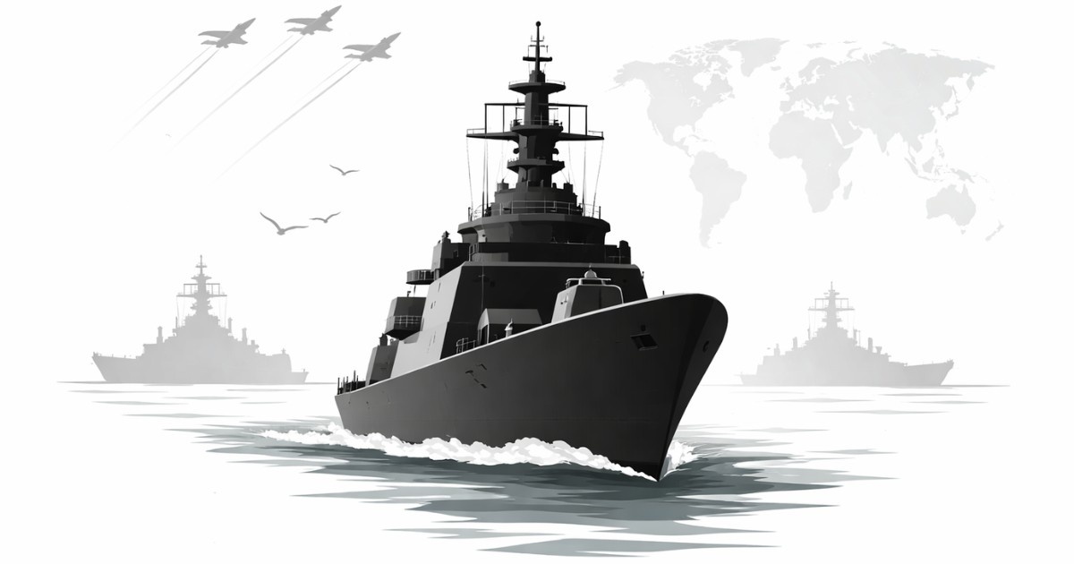 International Fleet Review 2026 minimalist editorial illustration showing a single naval warship silhouette.