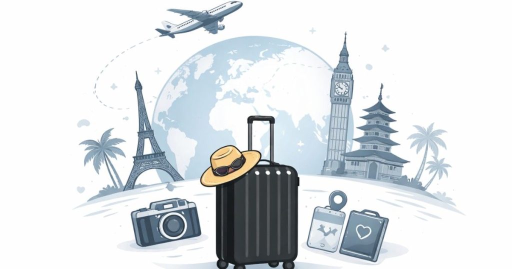 2026 Travel Trends India depicted through a minimal global travel illustration.