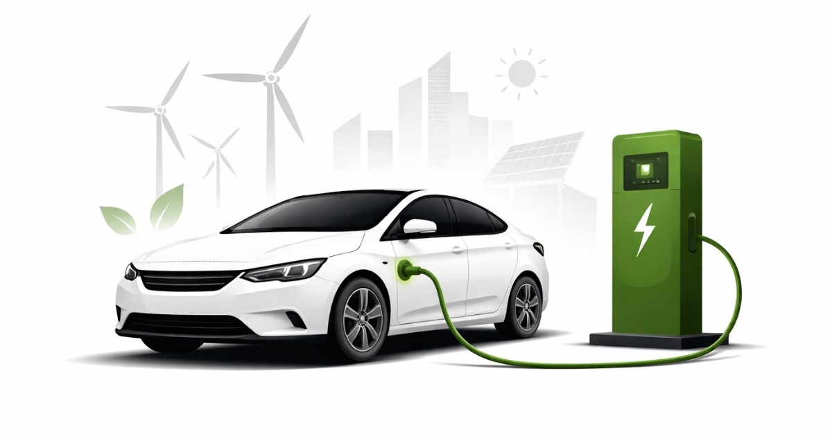 EV Revolution in India 2026 minimalist editorial illustration showing a single electric car connected to a charging station on a white background.